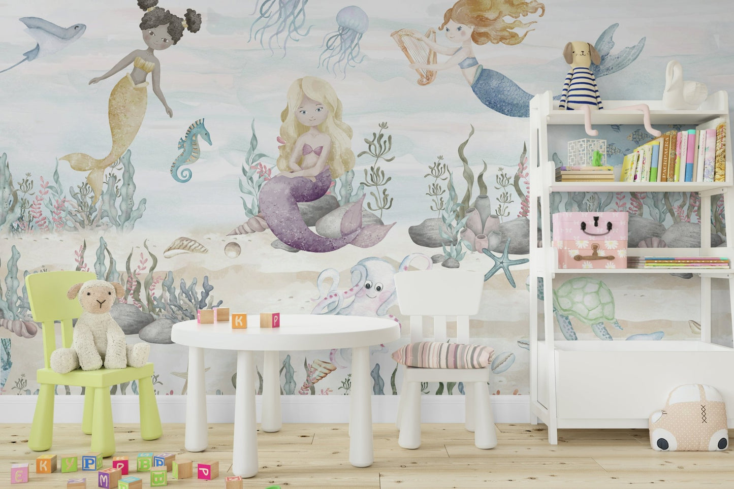 Coral and seaweed are visible on the ocean floor.

