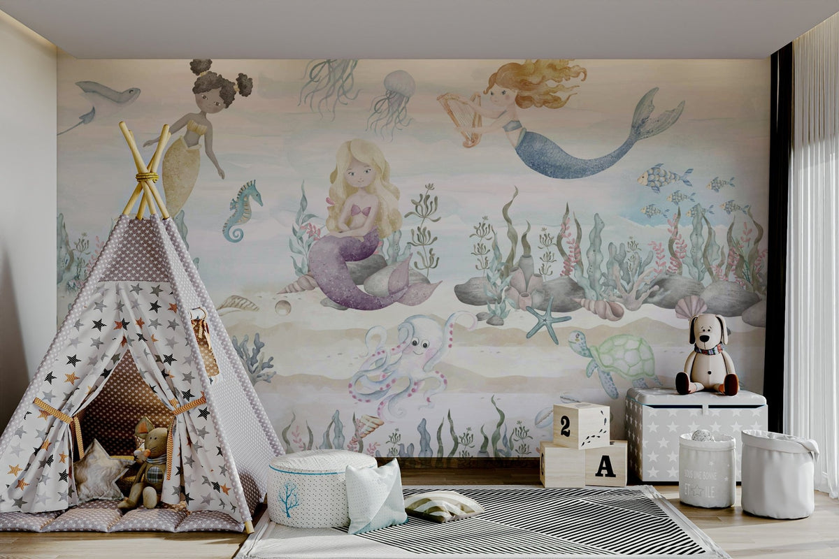 A peaceful underwater scene with a mermaid and sea creatures. GD4135

