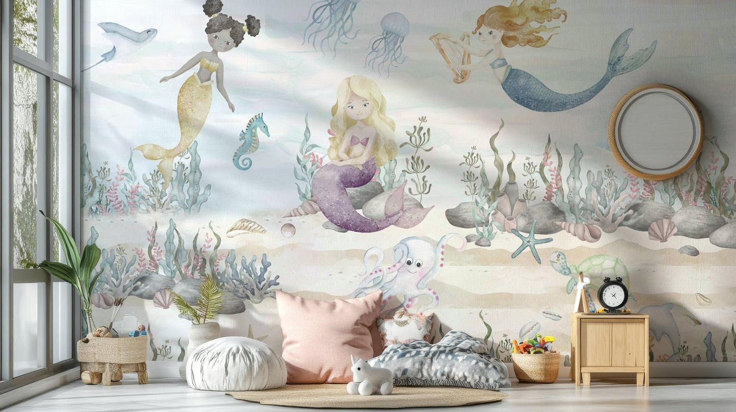 Friendly fish, turtles, and seahorses are swimming nearby.

