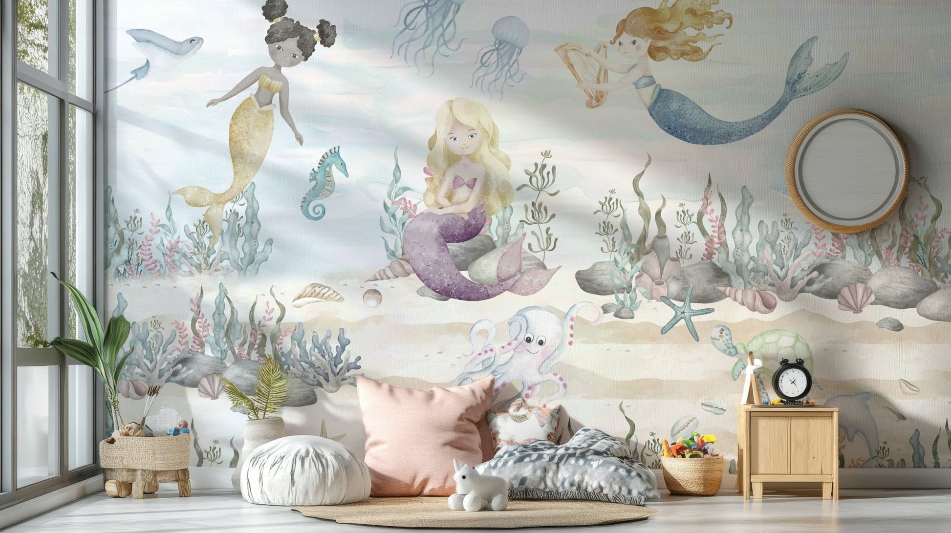 Friendly fish, turtles, and seahorses are swimming nearby.

