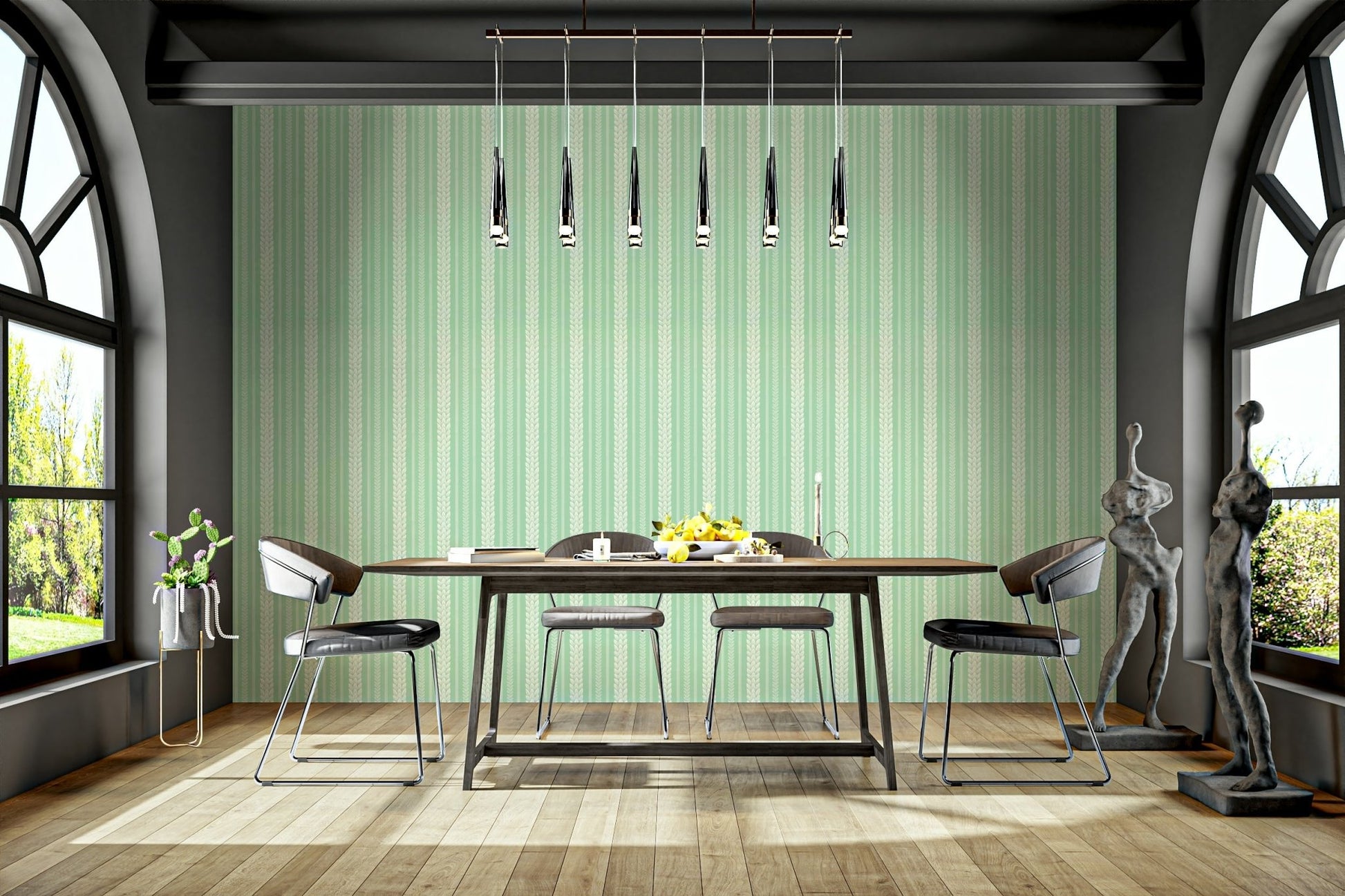 Kitchen wall with Merry Cherry green stripe wallpaper

