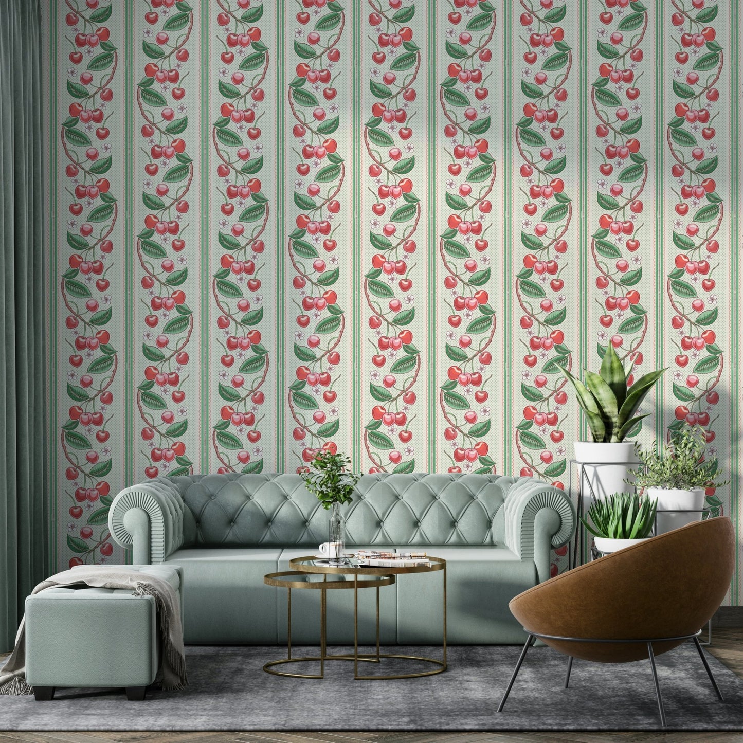 Kitchen wall with Merry Cherry striped wallpaper

