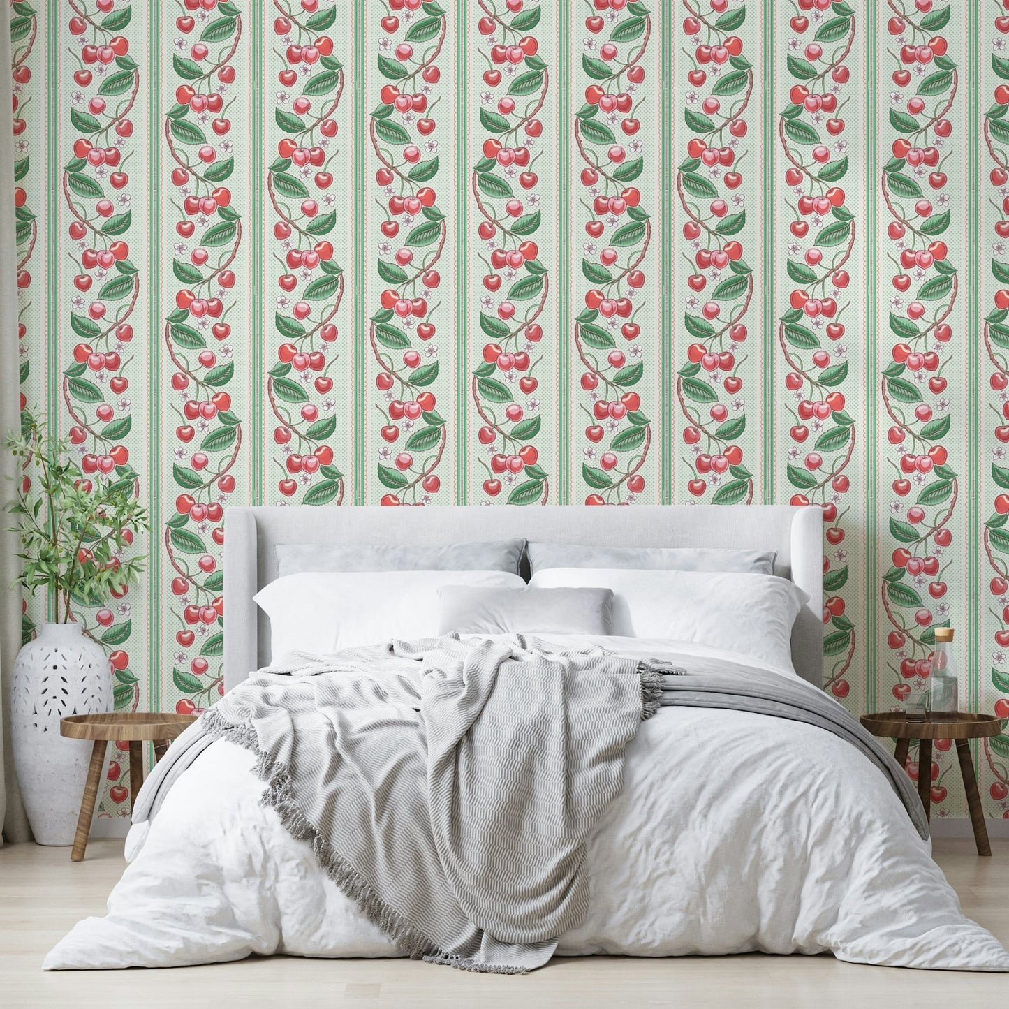 Playful cherry and stripe wallpaper for walls

