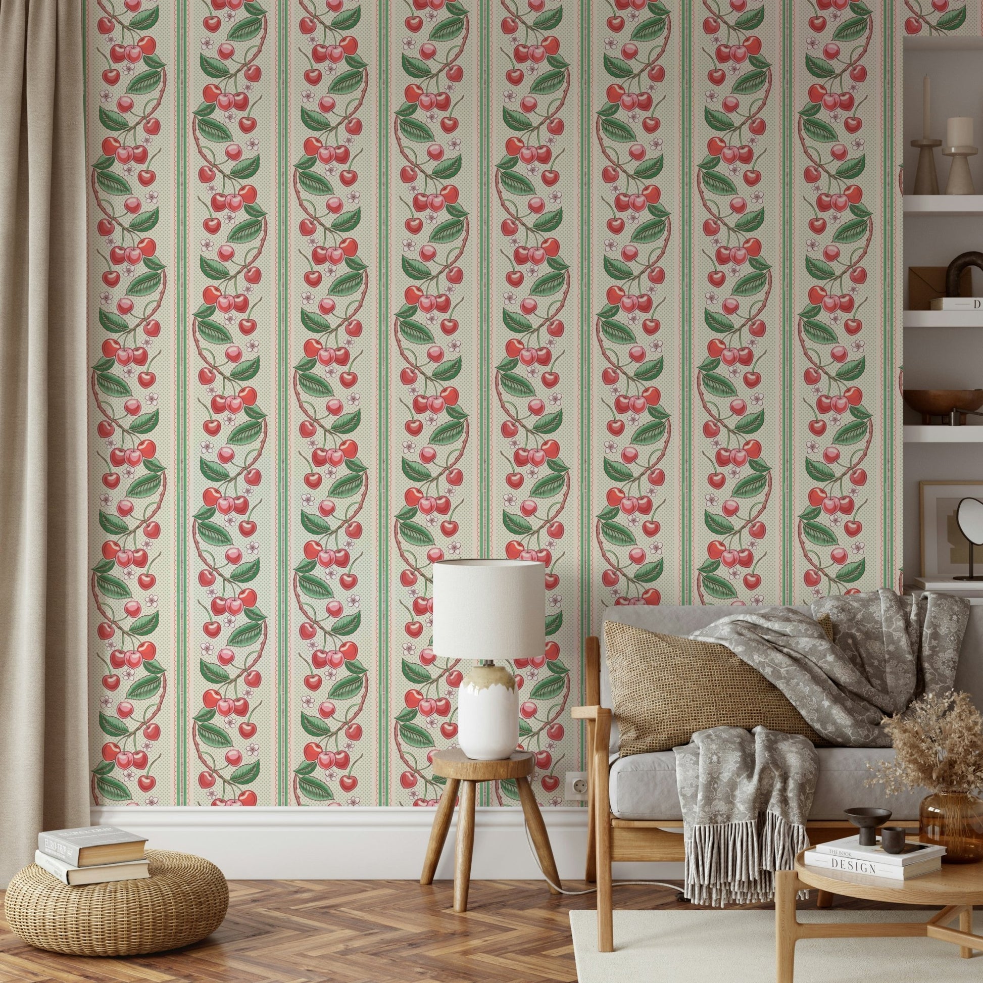 Close-up of red and green striped wallpaper with cherries

