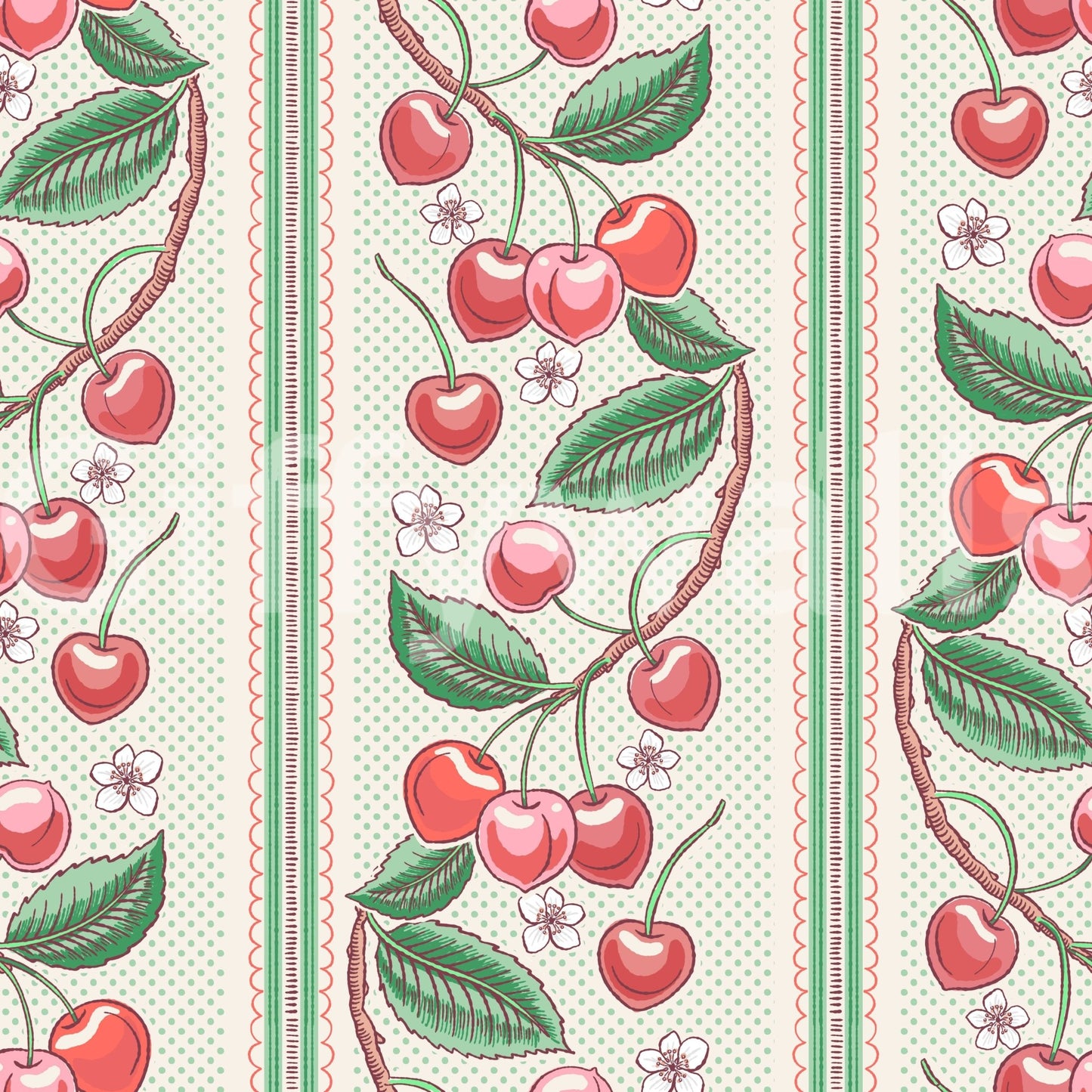 Vintage-inspired cherry wallpaper with stripes


