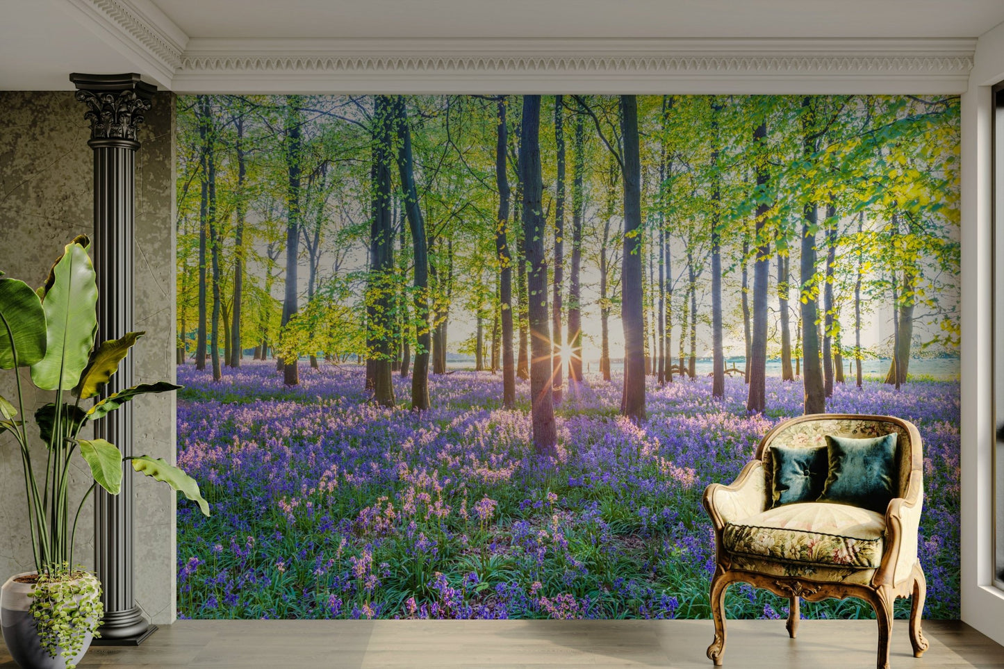 Nature mural wallpaper with trees and flowers

