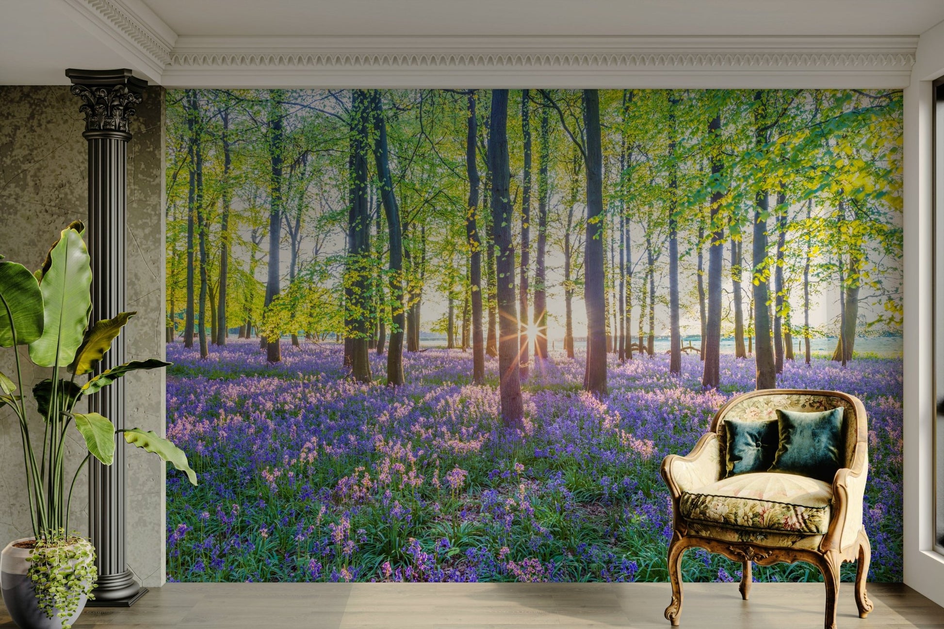 Nature mural wallpaper with trees and flowers

