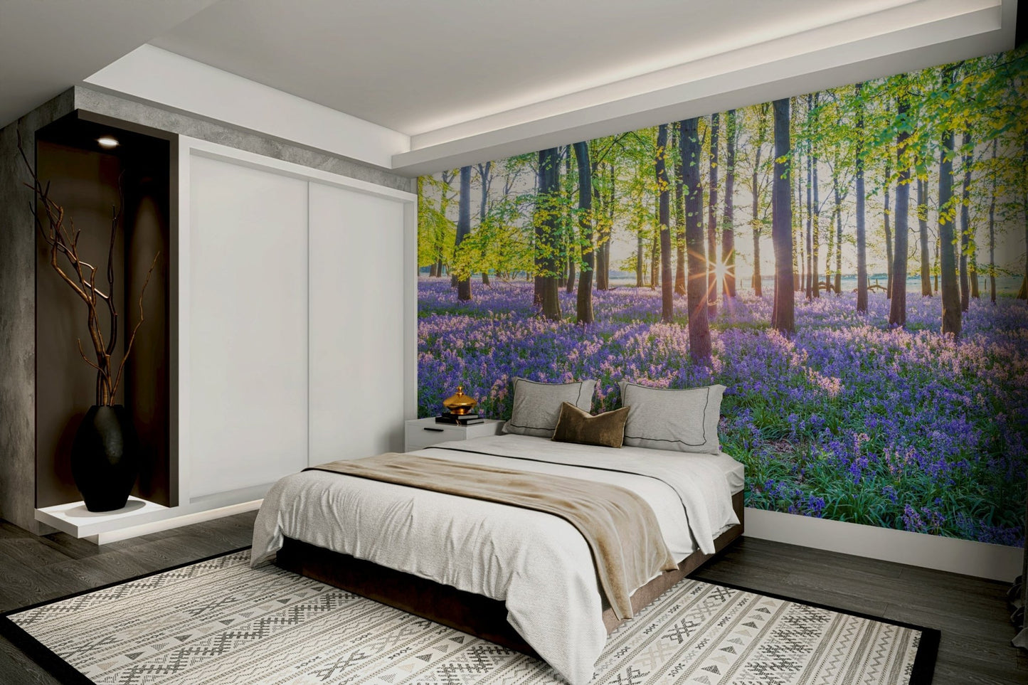 Bluebell field and tall trees mural wallpaper

