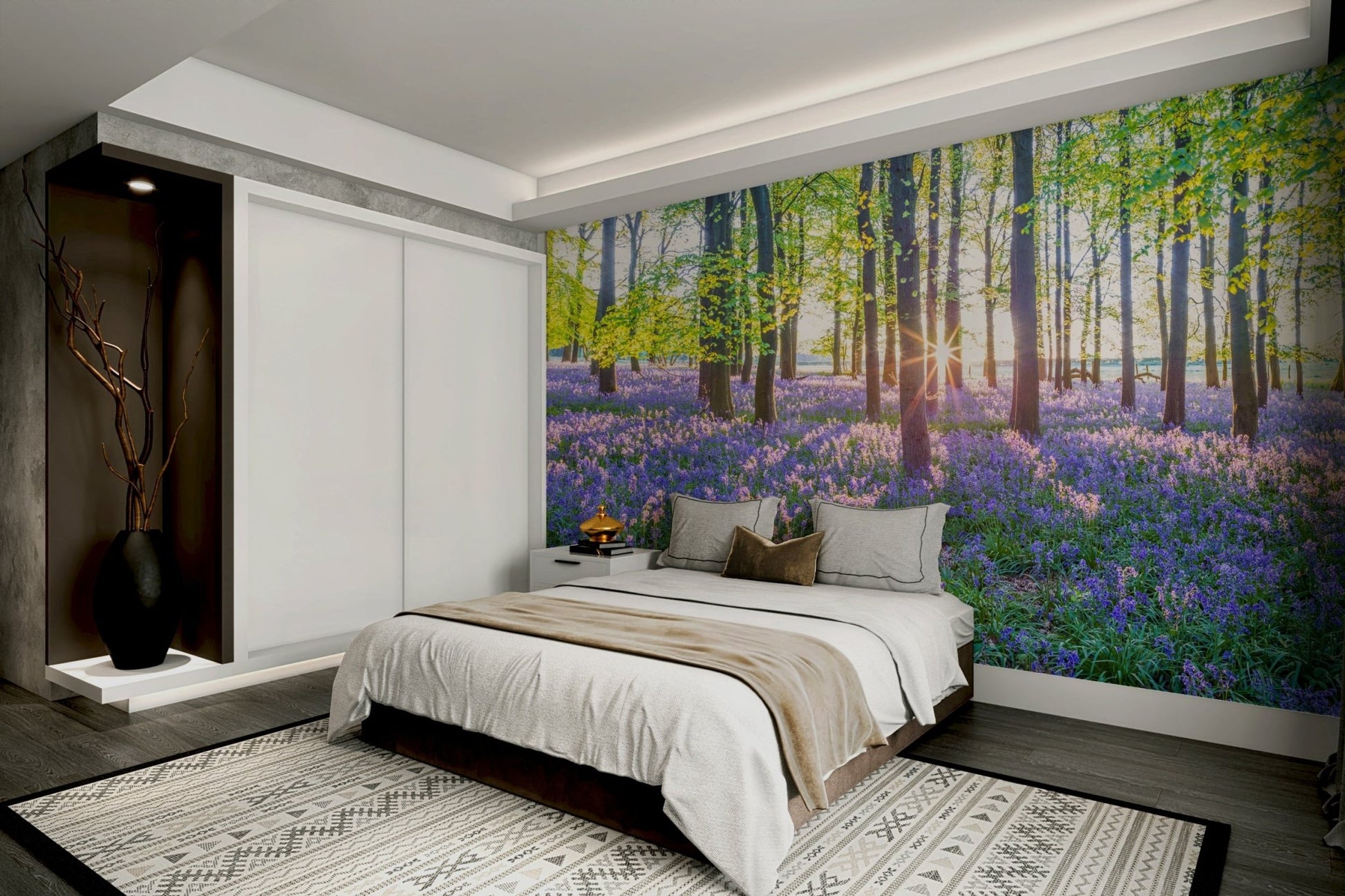Bluebell field and tall trees mural wallpaper

