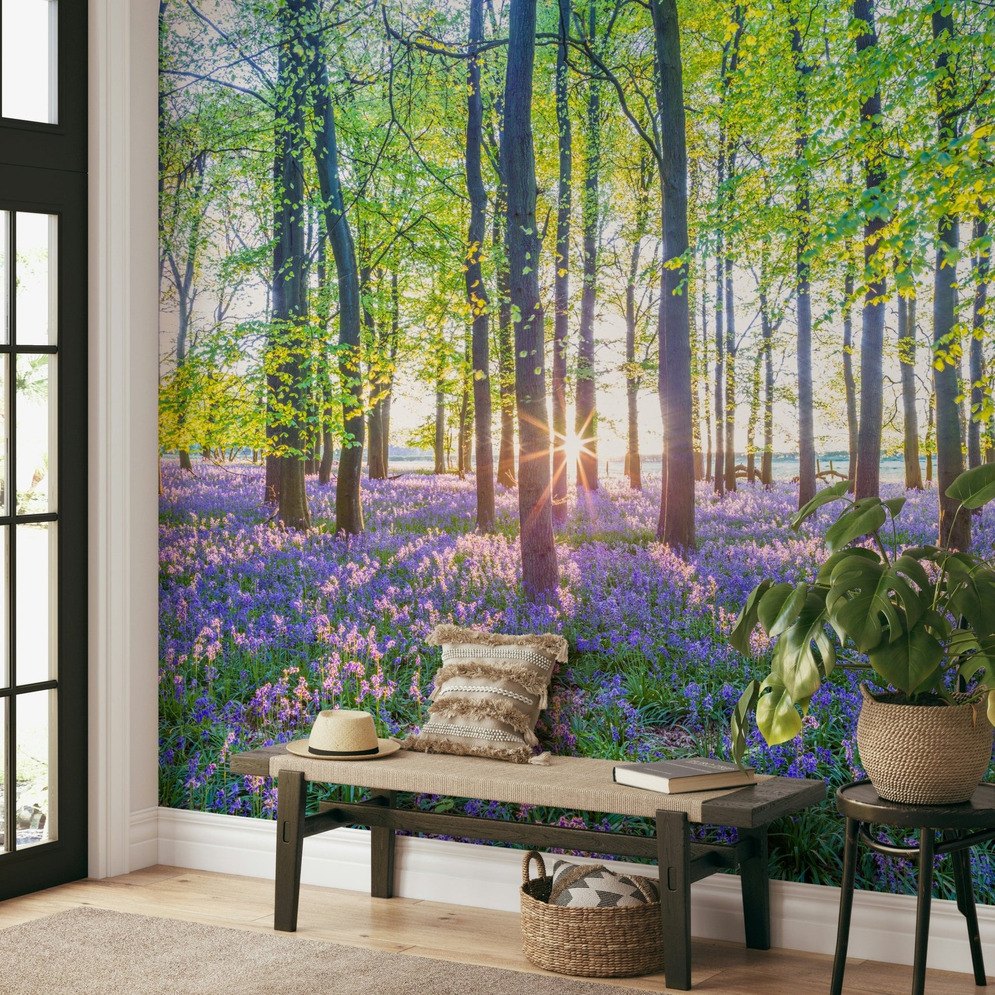 Scenic sunrise forest wall design

