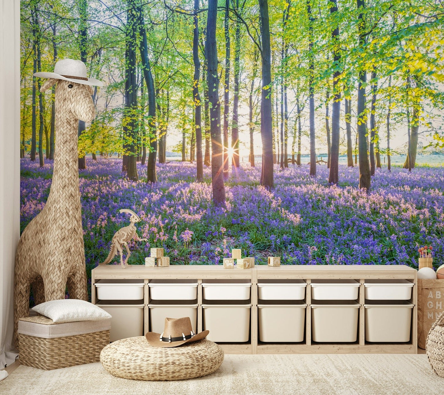 Woodland mural with blooming bluebells

