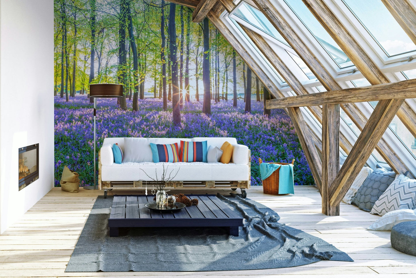 Purple flower forest scenic wall design

