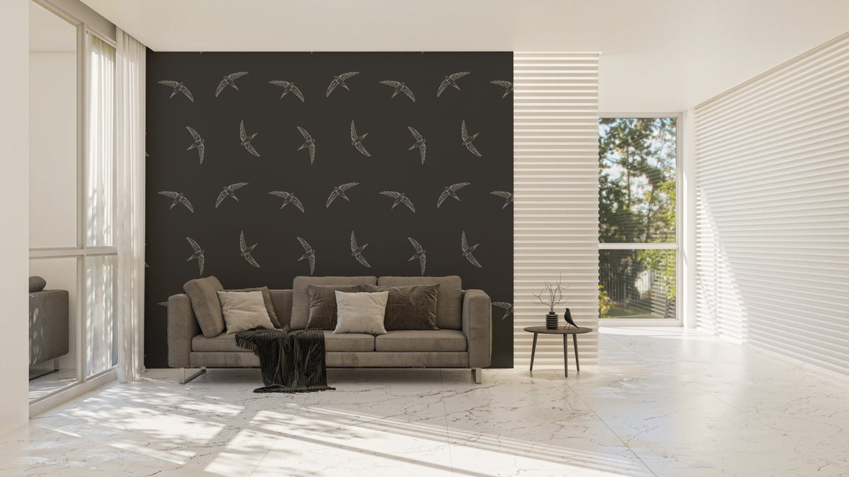 Bold flying birds on black background mural B066