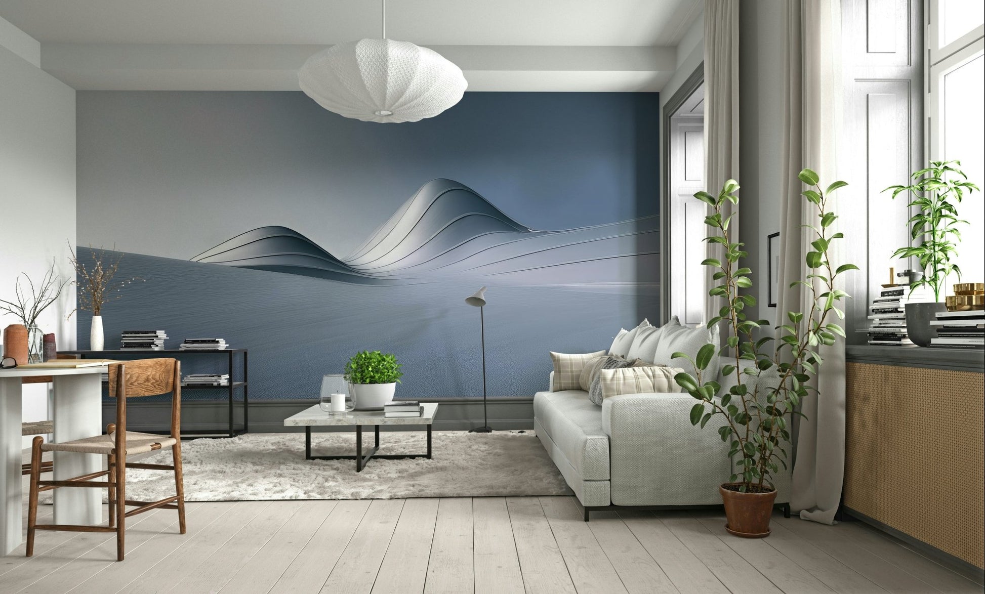 Contemporary wall mural with fluid metal dune patterns


