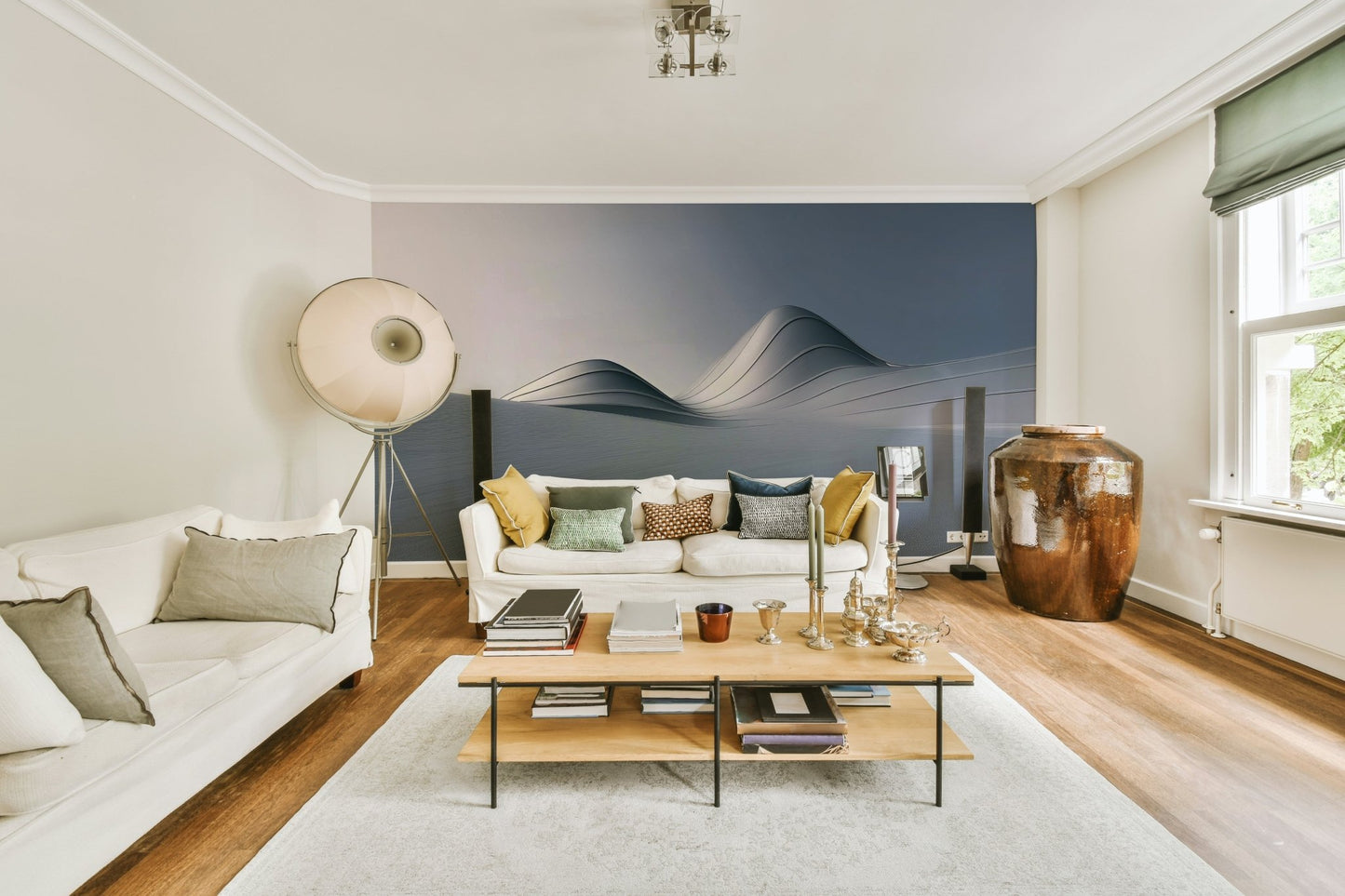 High-contrast light and shadow on Metal Dunes mural

