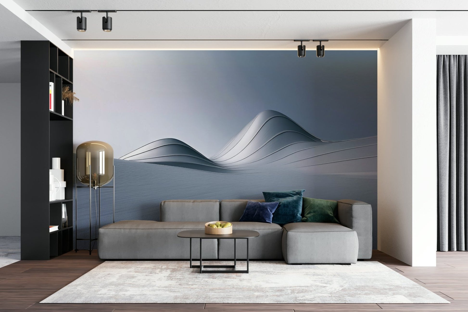 Wave-like metallic mural with soft industrial palette

