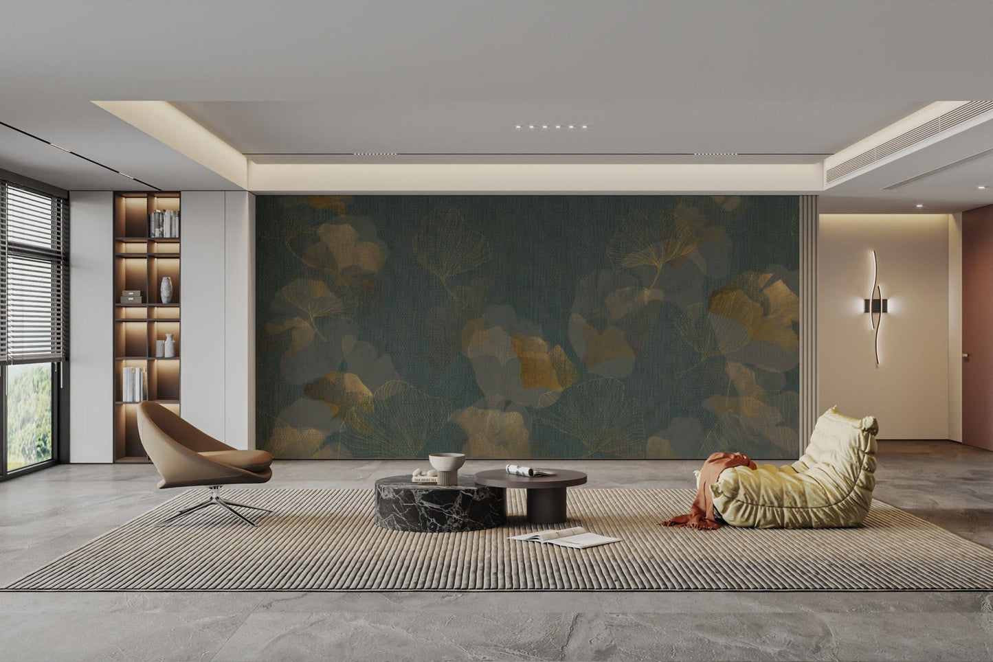 Metallic Gold Ginkgo Leaf Pattern Mural

