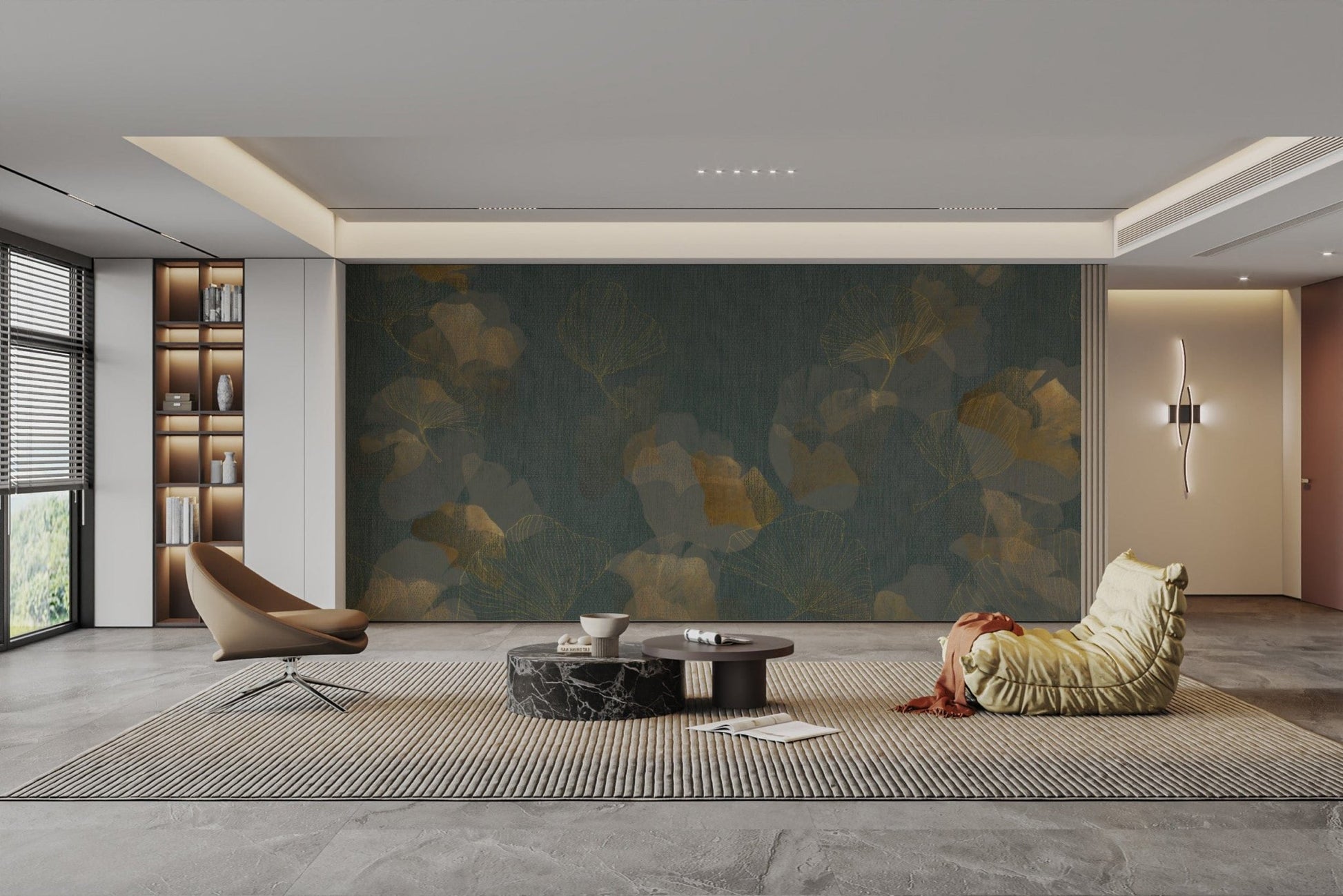 Metallic Gold Ginkgo Leaf Pattern Mural
