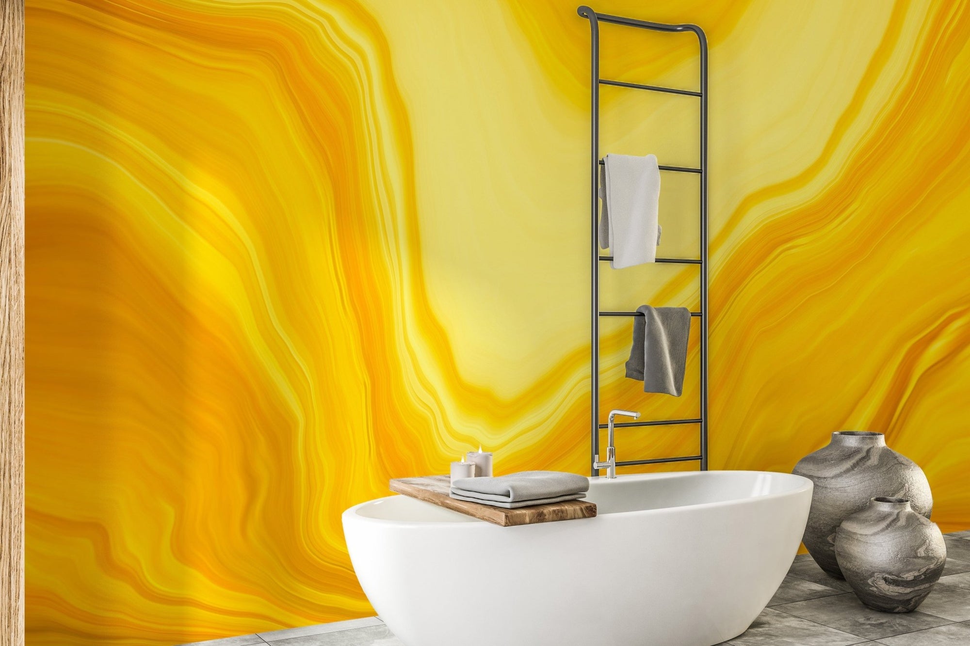 Yellow metallic flow wallpaper mural for interiors A644
