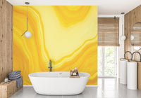 Bright yellow metallic wallpaper mural with swirls A644

