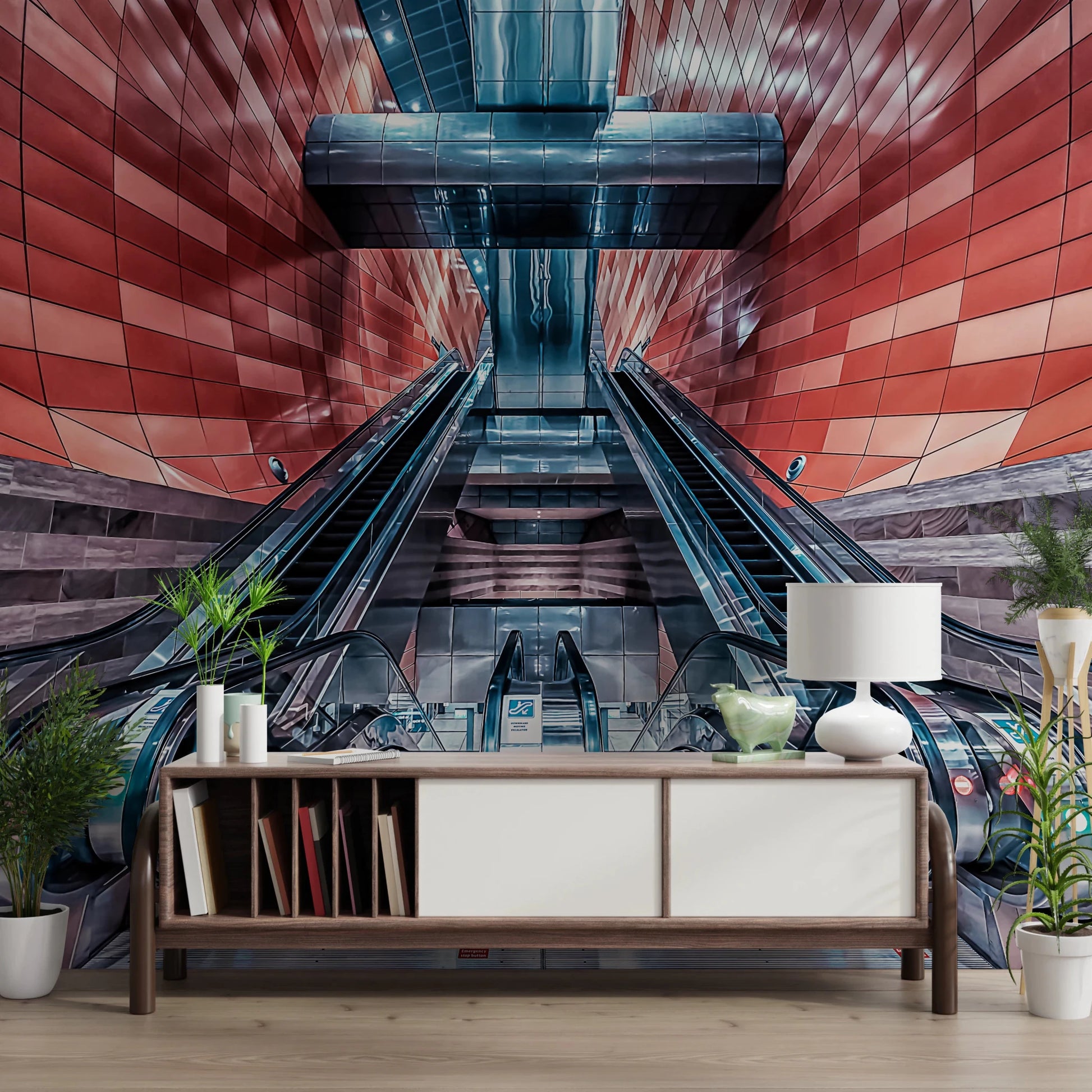 Symmetrical architectural wallpaper for contemporary hallways