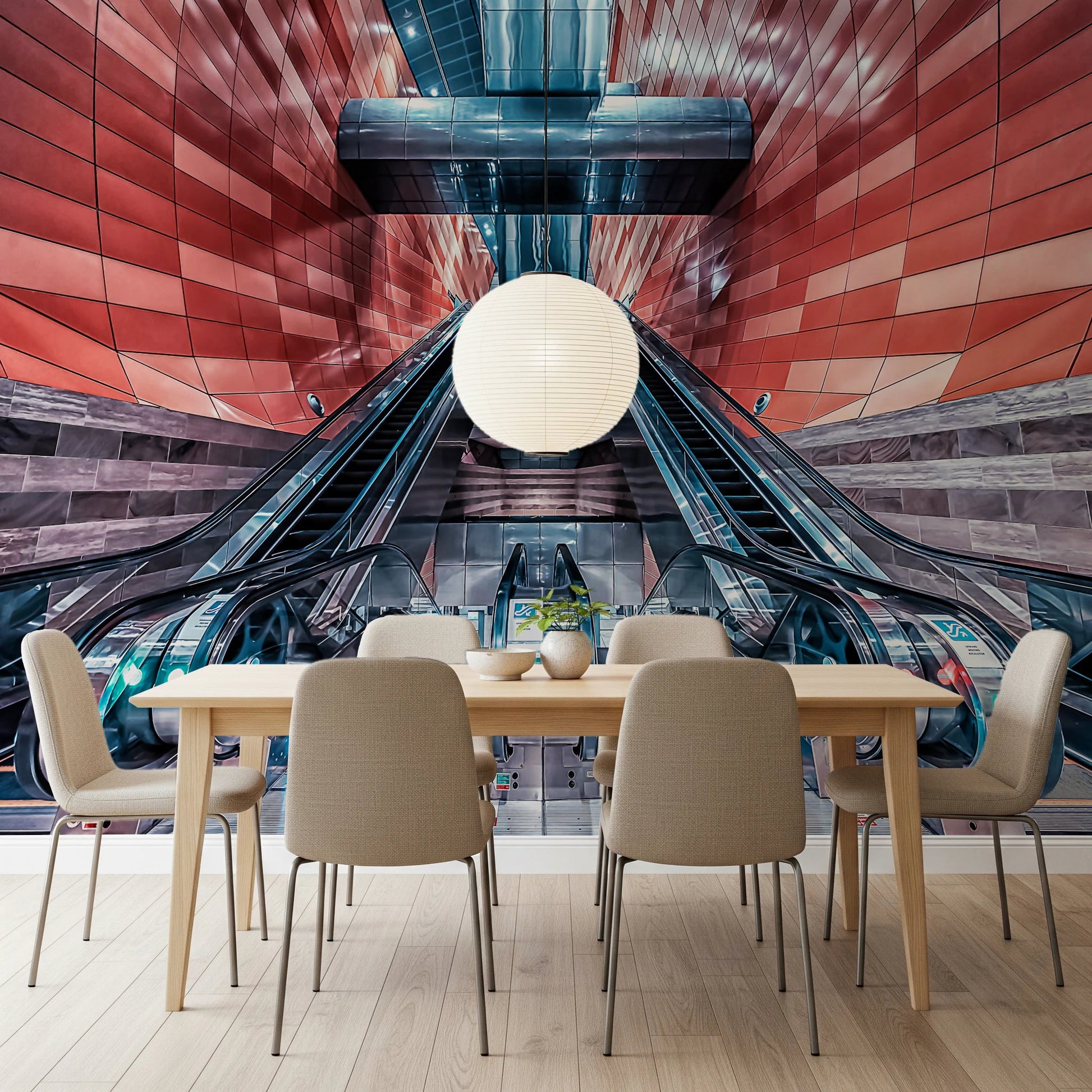 Urban transit hub wall mural featuring symmetrical escalators