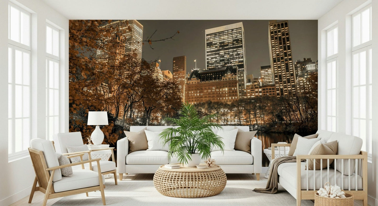 Golden autumn trees, reflective pond, Dusk scene wallpaper, urban mural art.