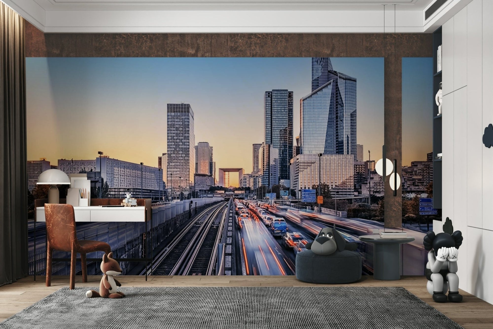 Metropolis Dawn Wall Mural showing city highway traffic light GD5063