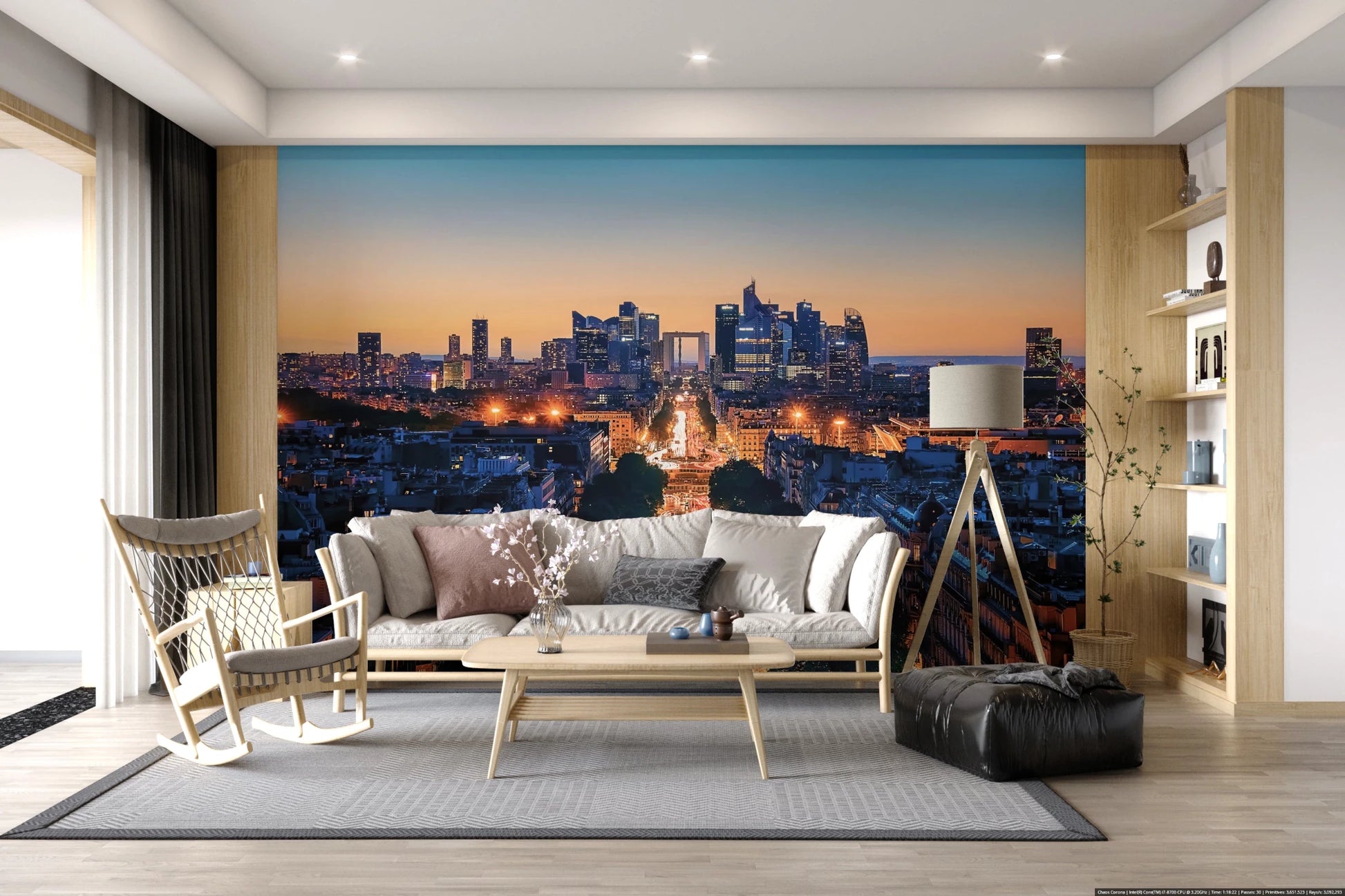Metropolis Dusk Wall Mural in deep blue and orange tones for lounge.