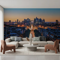 Evening city lights wall mural with road light trails for bedroom.