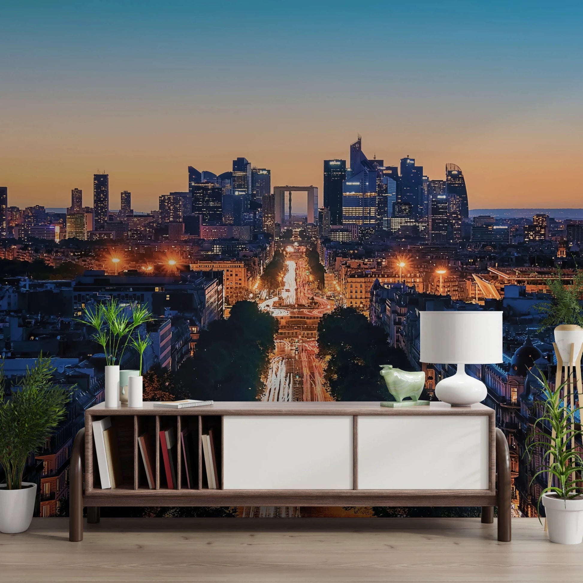 Metropolis Dusk Wall Mural for living room with city skyline wallpaper.