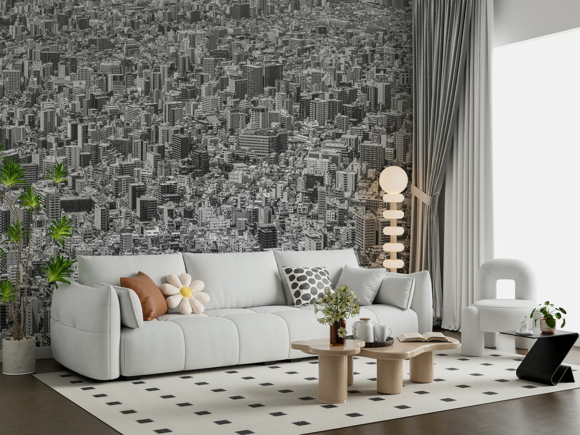 A peaceful geometric design mural on decorative wallpaper.