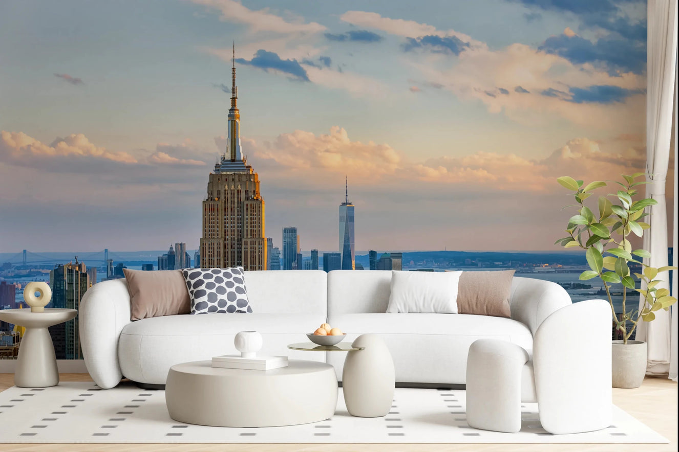 Bright living room styled with Metropolis Sunset Hues Wall Mural behind curved seating