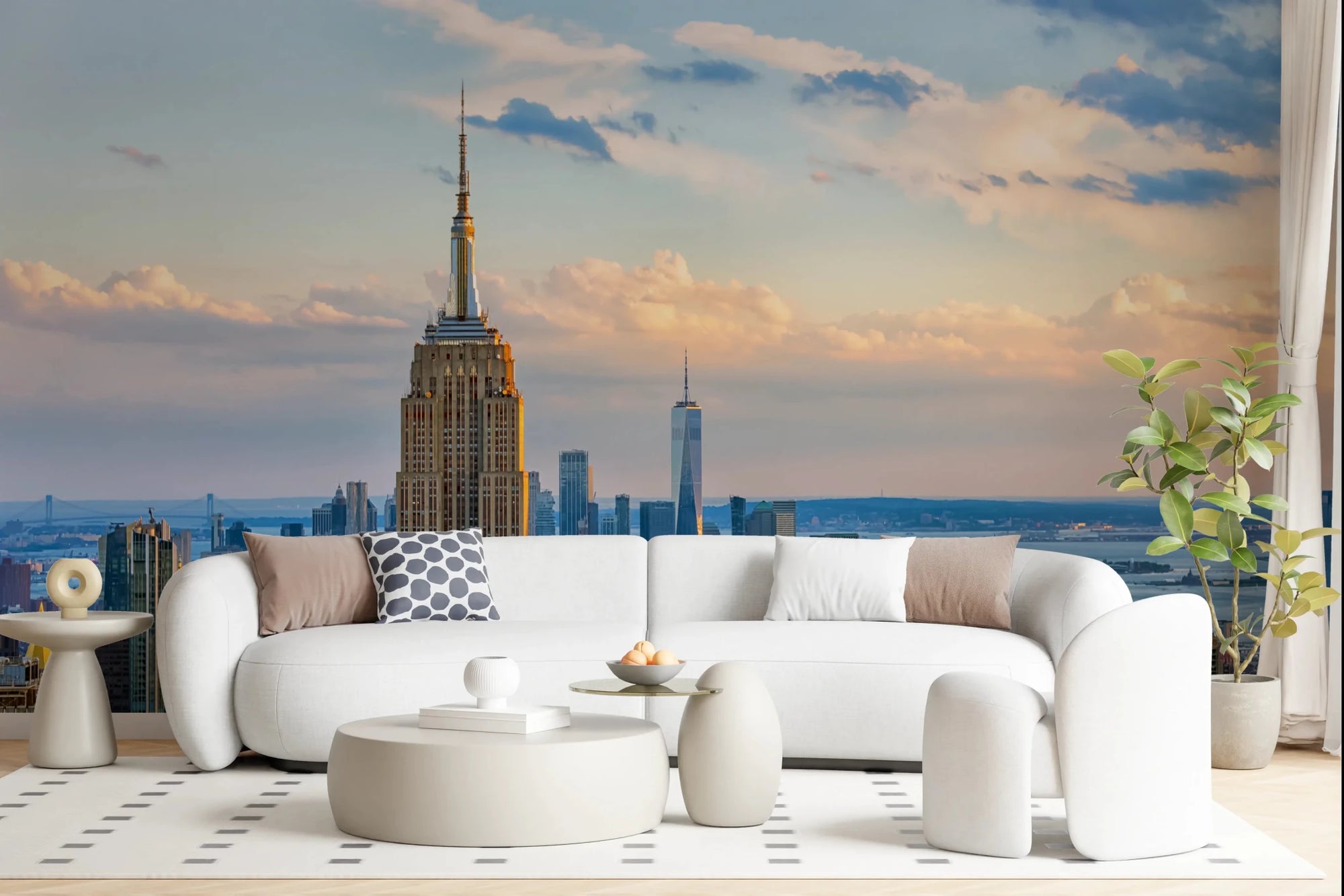 Bright living room styled with Metropolis Sunset Hues Wall Mural behind curved seating, GD8322