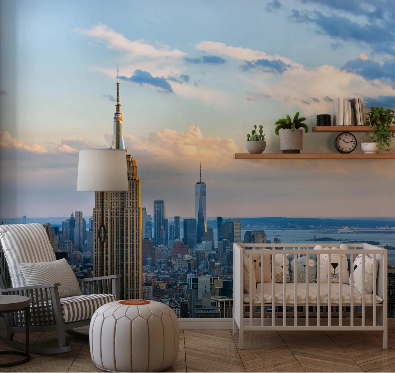 Nursery corner overlooking skyline tones from Metropolis Sunset Hues Wall Mural