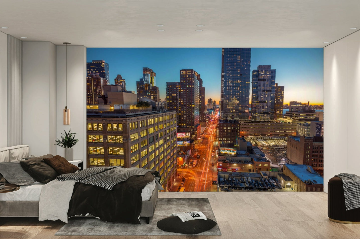 Skyscrapers are lit up with bright lights.

