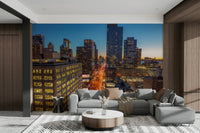 A wall mural featuring a city skyline.

