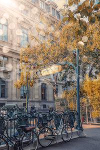 Romantic city wall mural with soft lighting and vintage European street elements