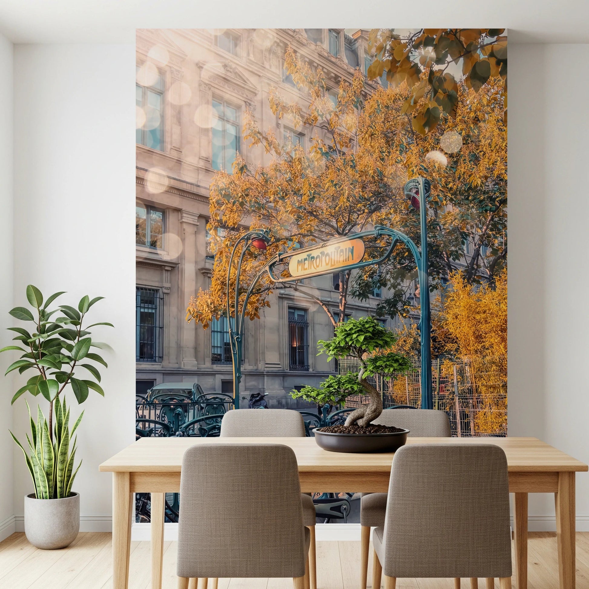 Artistic urban wallpaper showing bicycles parked by an Art Nouveau metro sign