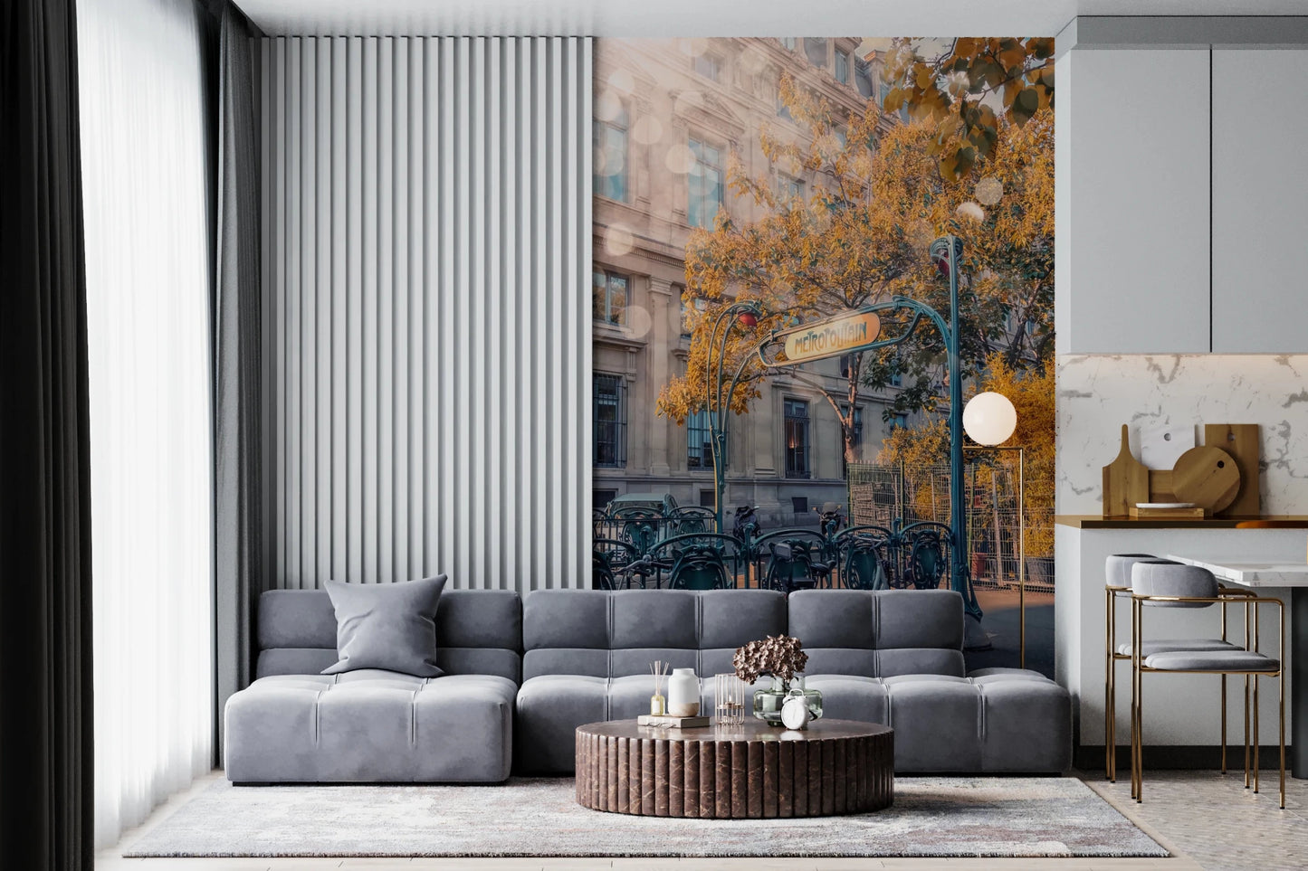 Vintage city wallpaper featuring a golden sun flare and classic architecture