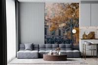 Vintage city wallpaper featuring a golden sun flare and classic architecture