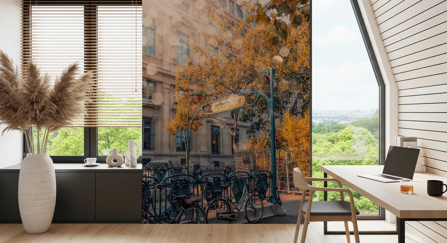 Warm toned city wall mural with golden light and Parisian building details