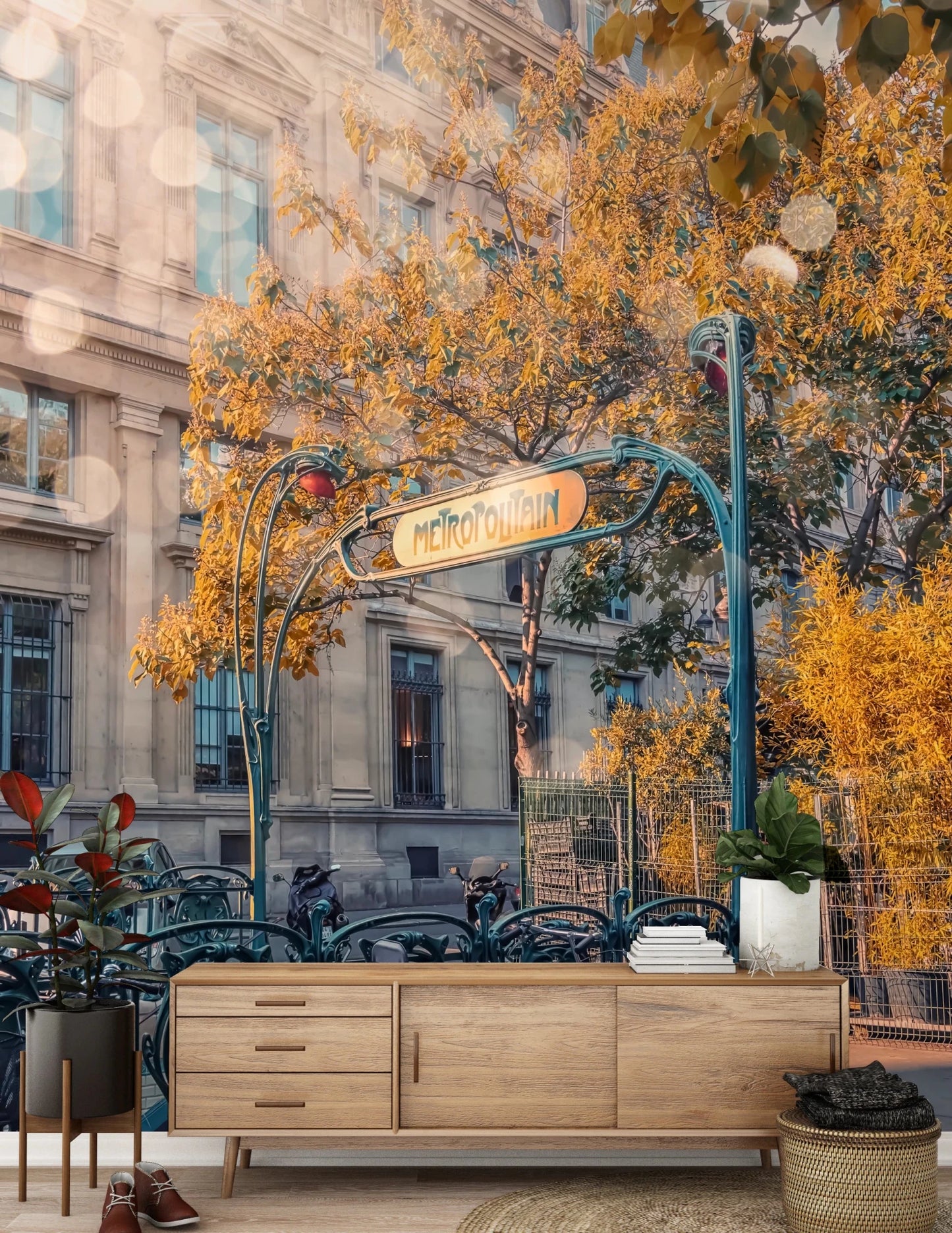 Detailed street scene wallpaper with a classic metro entrance for home styling