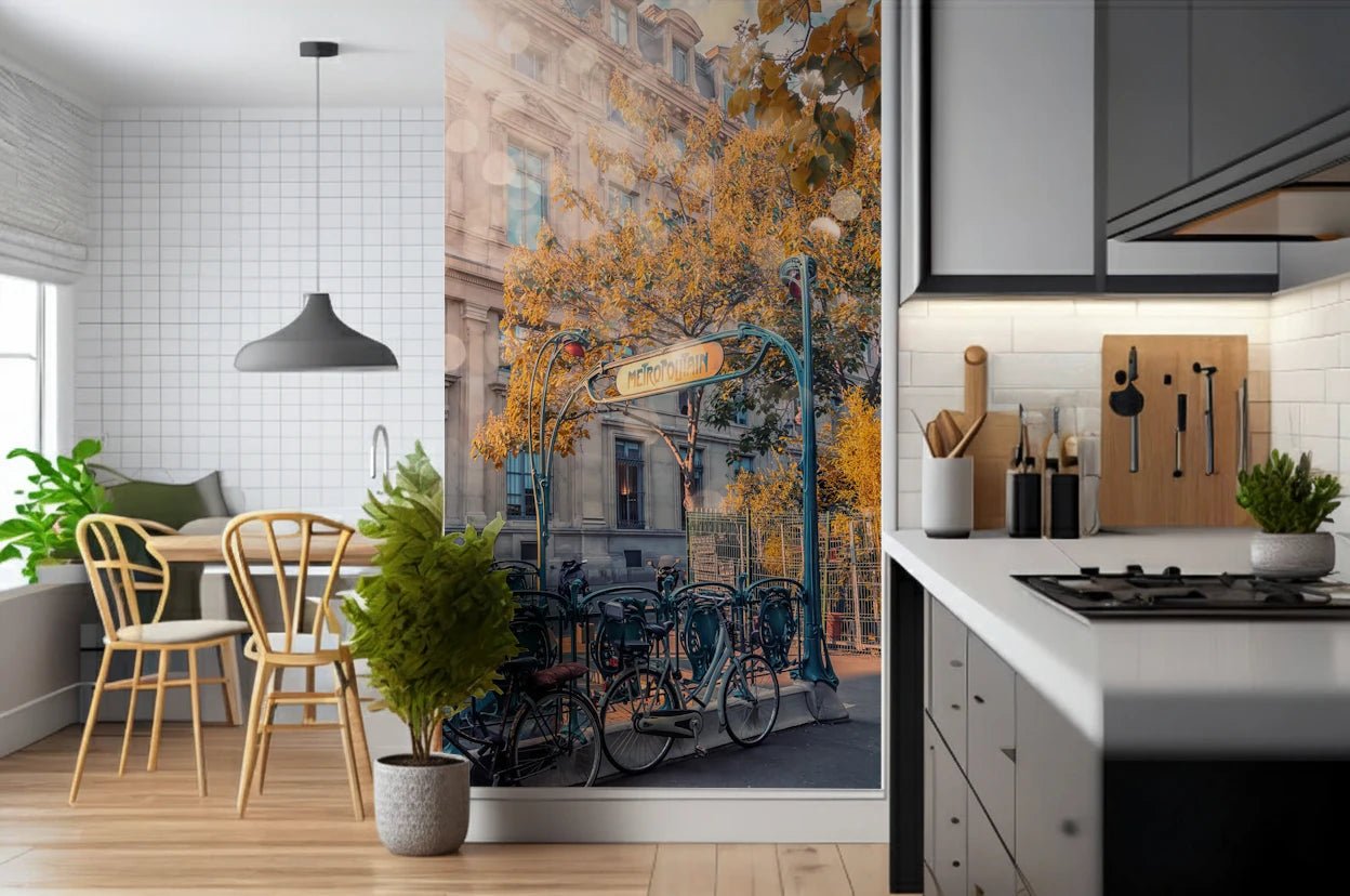 Metropolitain Dreamscape Wall Mural with a Parisian metro entrance and autumn trees