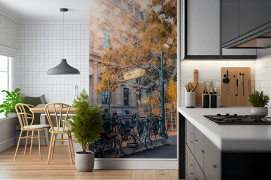 Metropolitain Dreamscape Wall Mural with a Parisian metro entrance and autumn trees, GD8368
