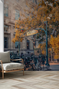 Cityscape wallpaper with autumn leaves and a hazy sunset glow for study rooms