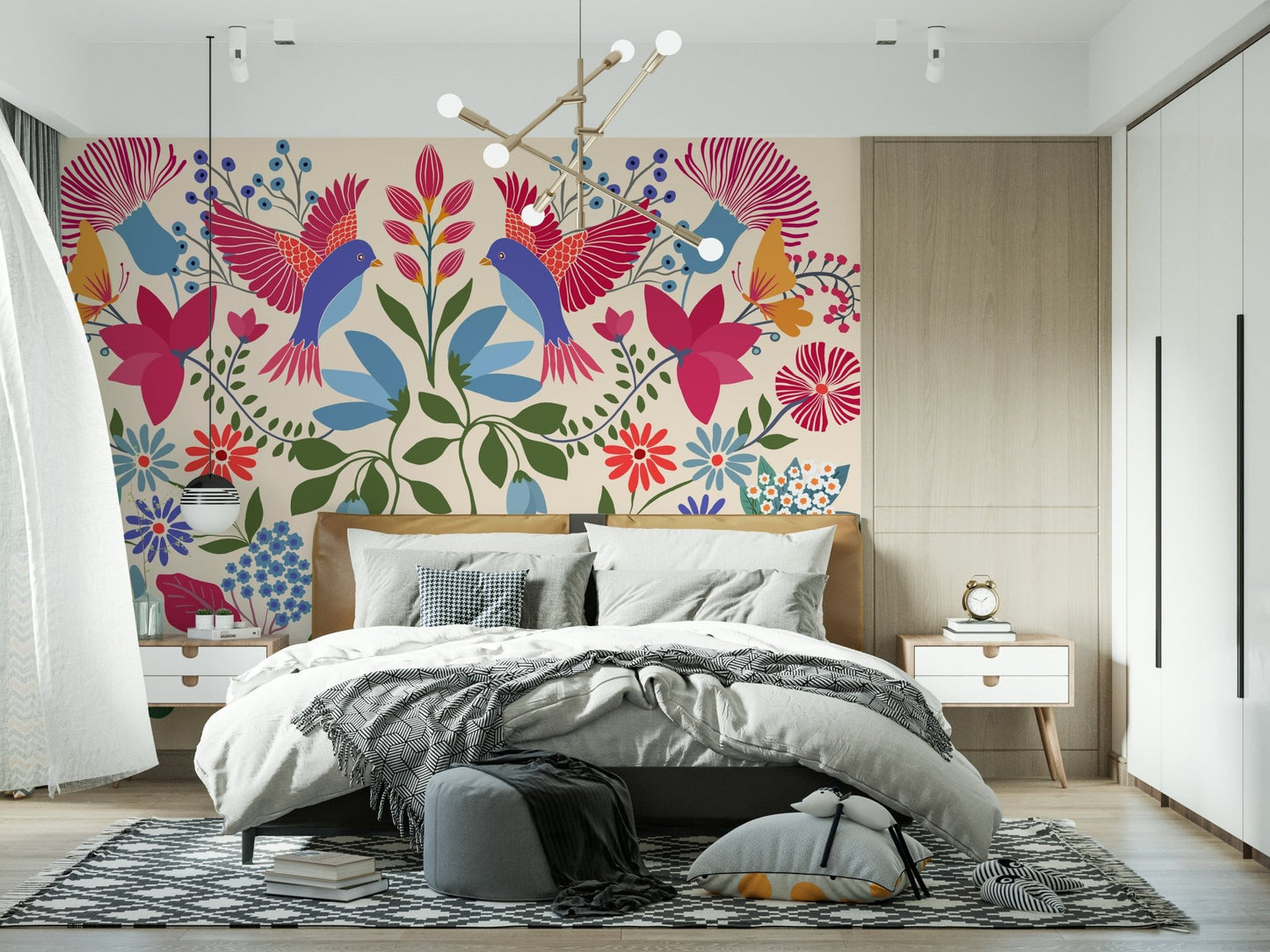 Mexican Garden wall mural behind a neutral sofa in a lounge.