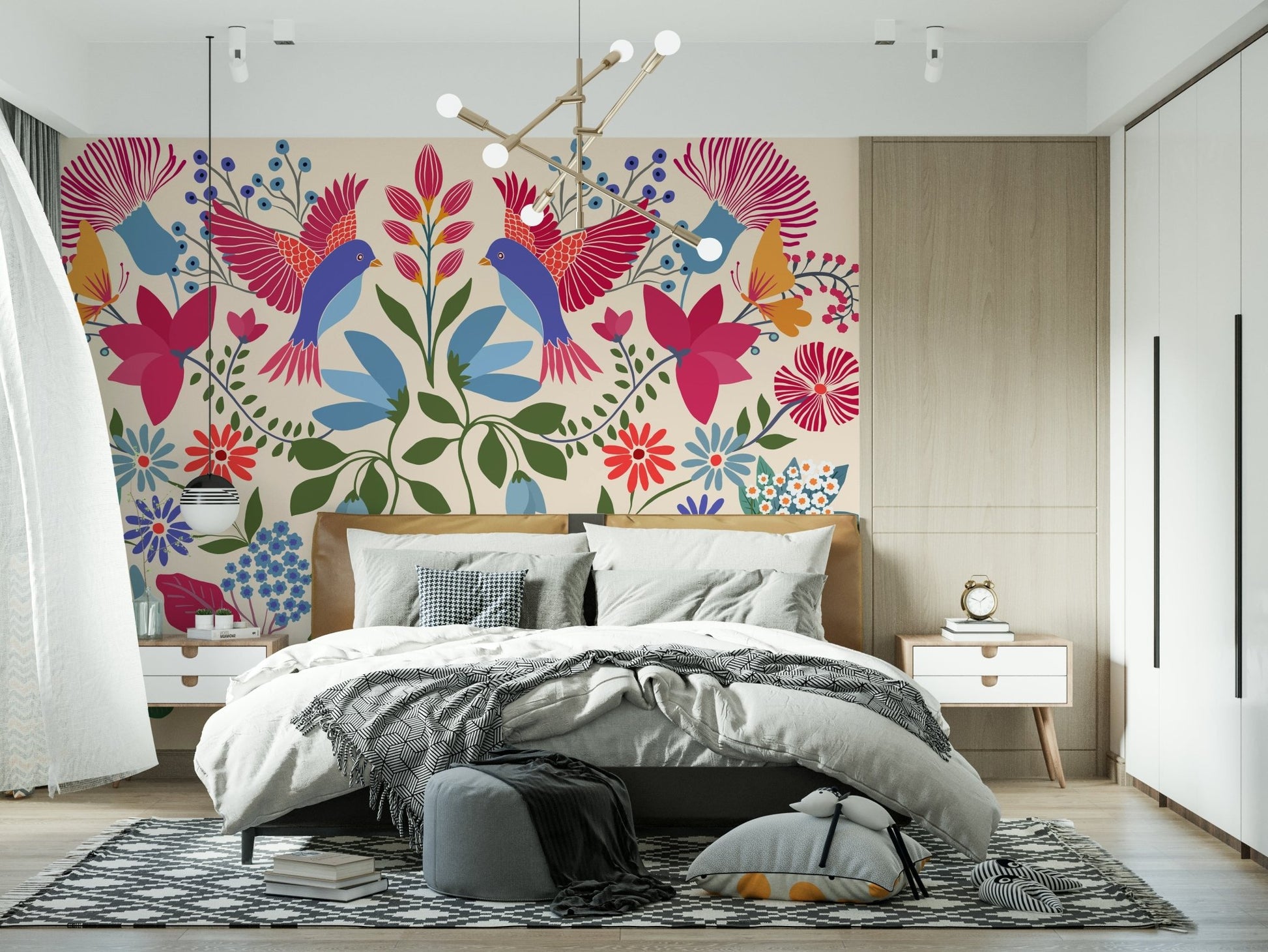 Mexican Garden wall mural behind a neutral sofa in a lounge.