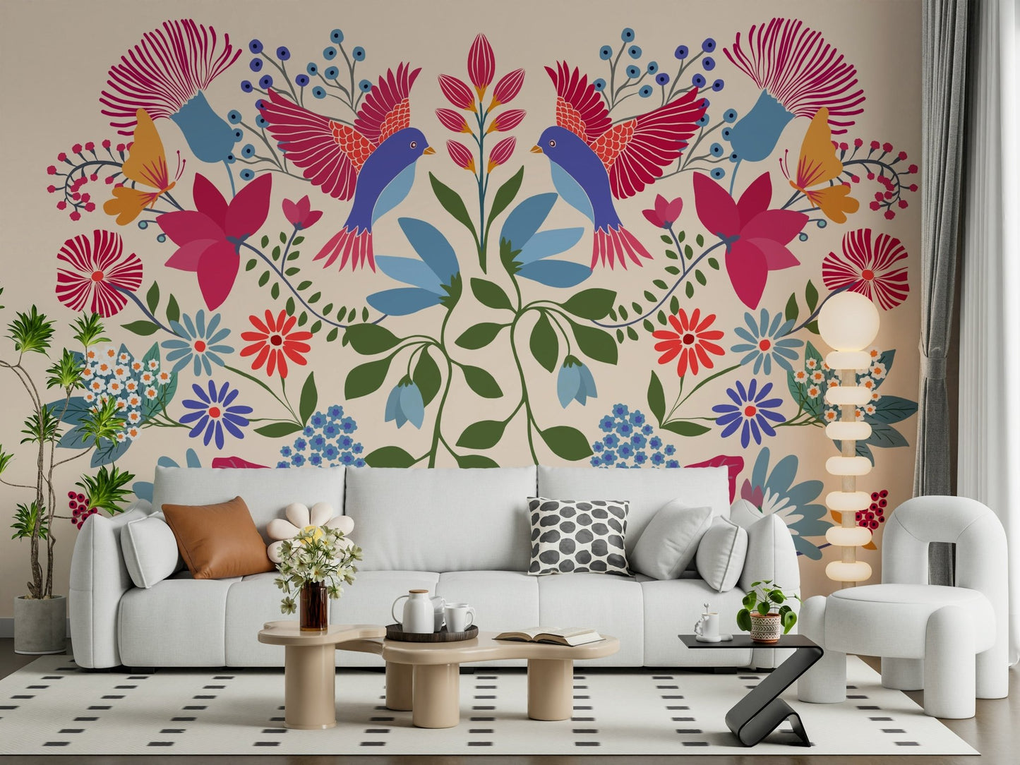 Colourful floral wallpaper featuring folk art patterns for a bedroom.