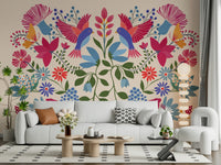 Colourful floral wallpaper featuring folk art patterns for a bedroom.